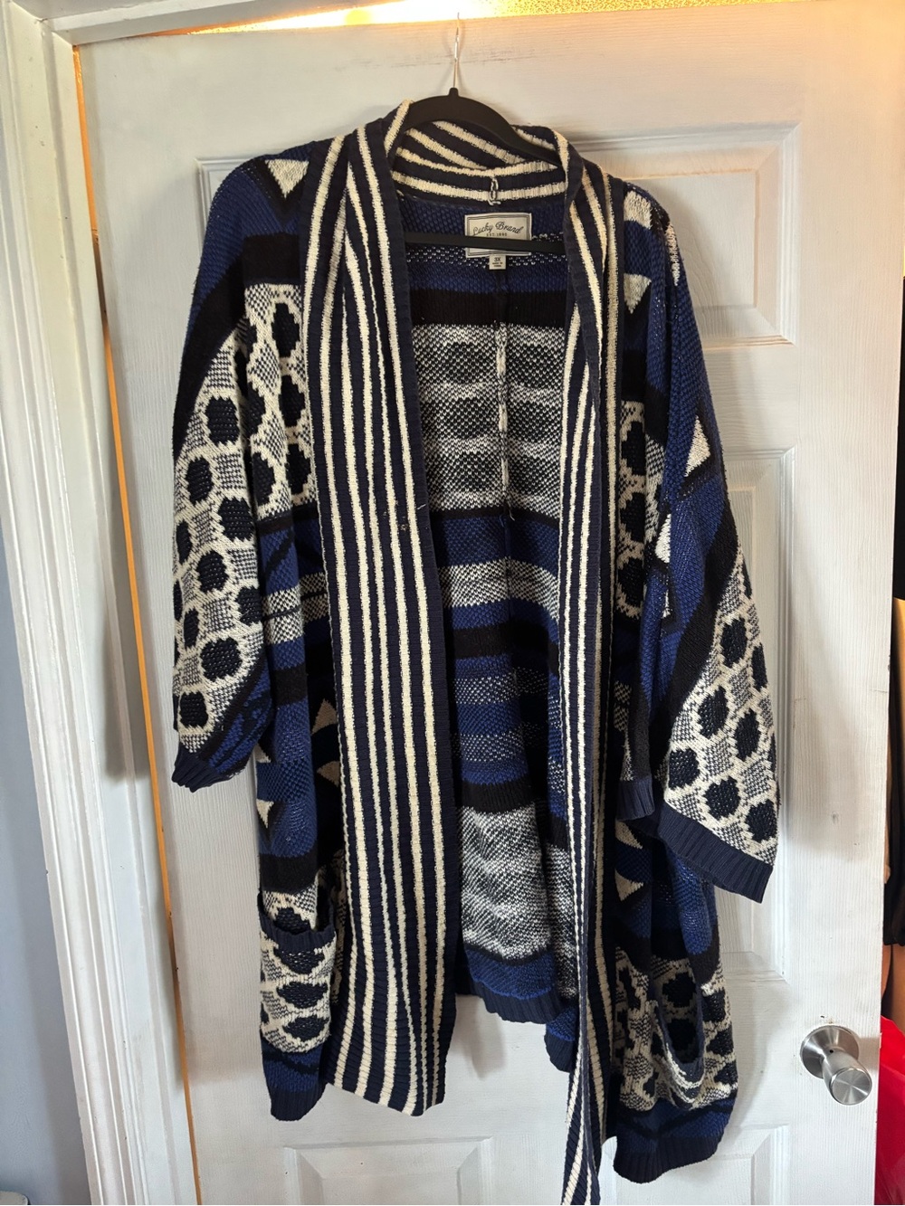 Lucky Brand Navy & Cream Geometric Open-Front Cardigan